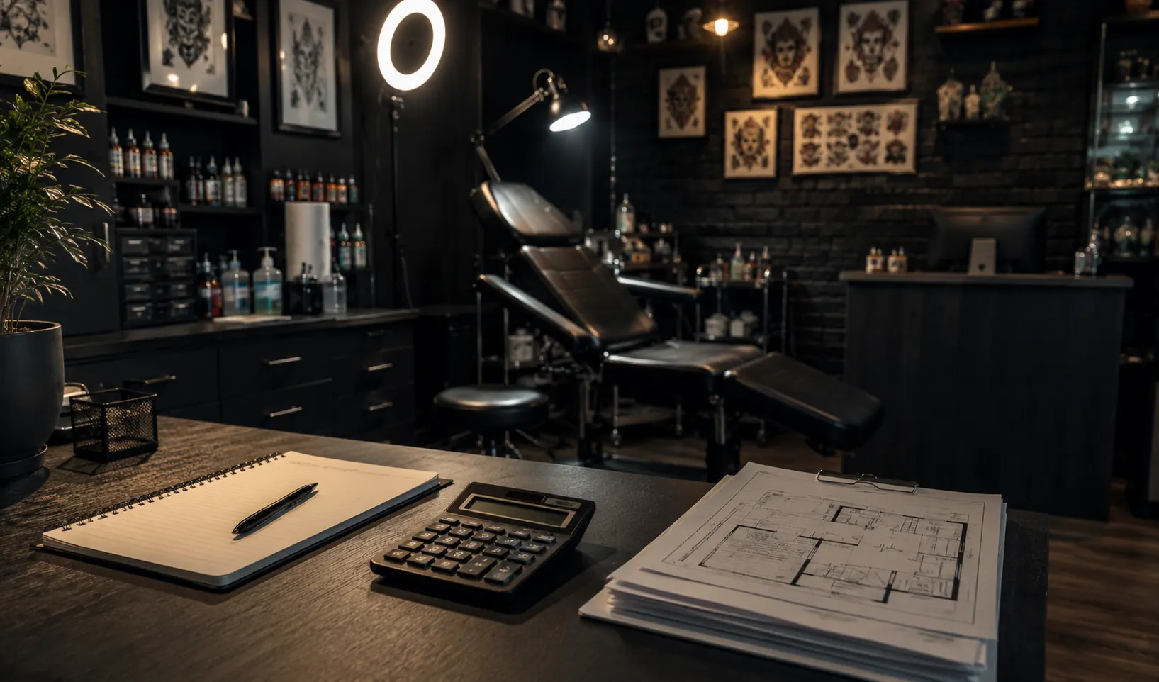 Scrivania con blocco appunti, calcolatrice e planimetria, sullo sfondo l'interno di uno studio di tatuaggi con lettino e lampada da lavoro