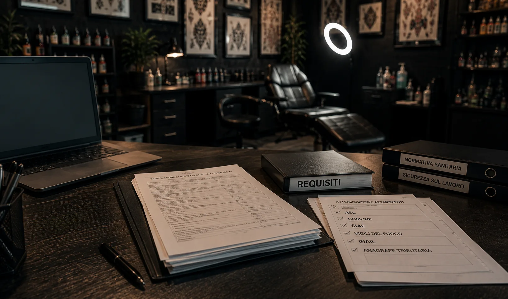 Scrivania con laptop, raccoglitori 'Requisiti' e 'Normativa sanitaria' e checklist di enti (ASL, Comune, SUAP, Vigili del Fuoco) per aprire uno studio di tatuaggi