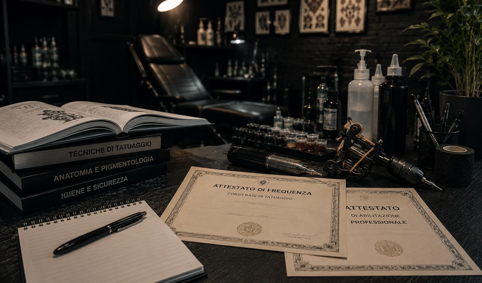 Scrivania con attestati di frequenza e abilitazione professionale, manuali di anatomia, igiene e tecniche di tatuaggio, macchinette e inchiostri; sullo sfondo lo studio