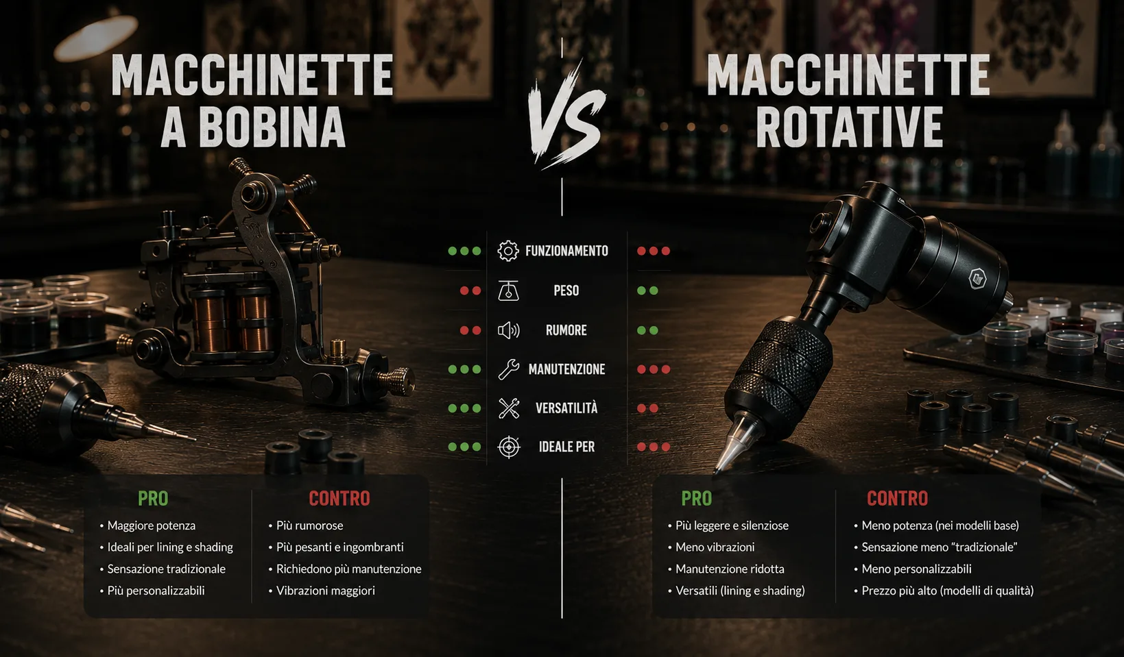 Infografica comparativa fra macchinette per tatuaggi a bobina e rotative, con tabelle Pro/Contro su funzionamento, peso, rumore, manutenzione e versatilità