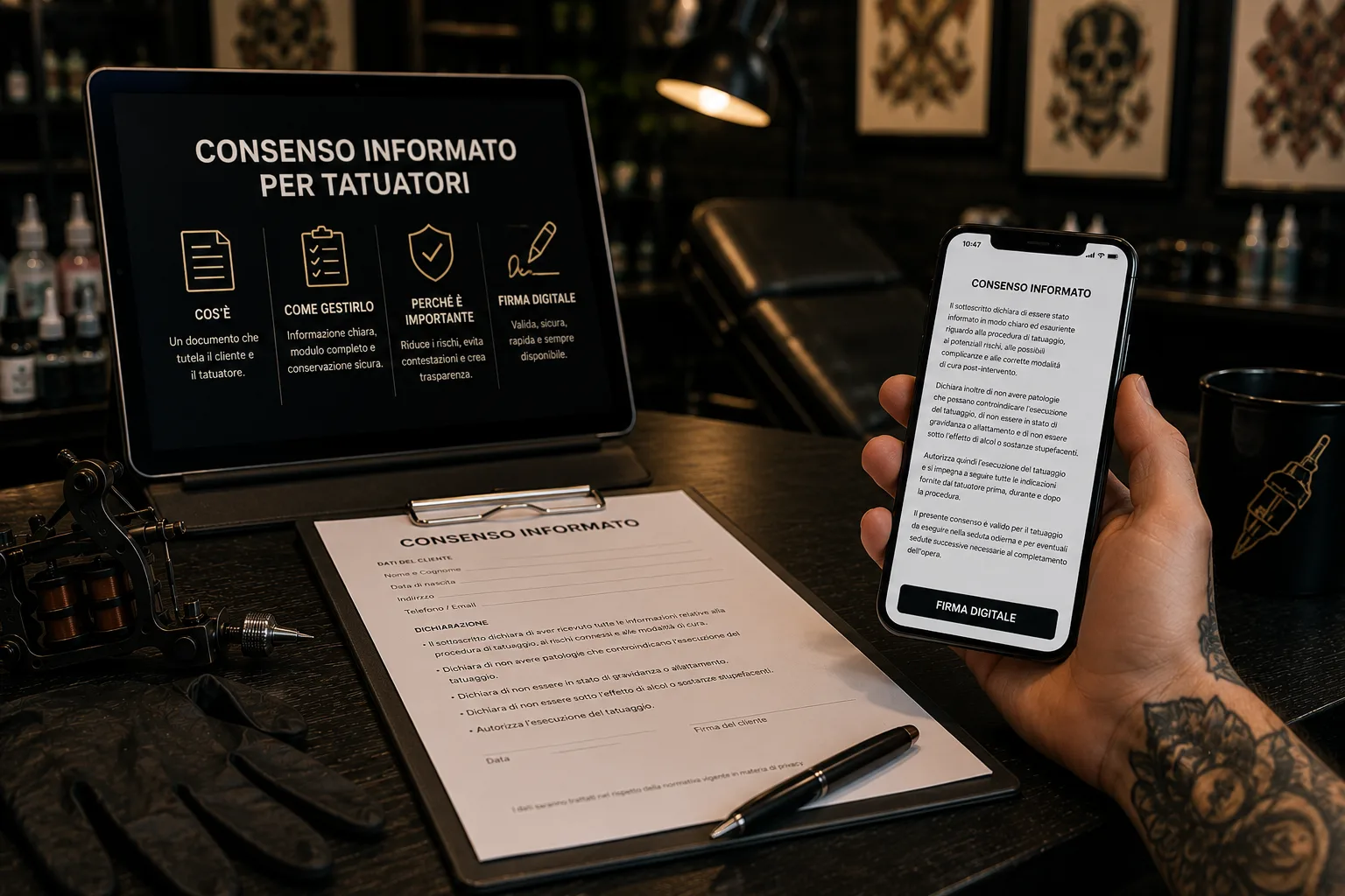 Confronto tra consenso informato cartaceo e digitale in uno studio di tatuaggio: a sinistra un tablet illustra le caratteristiche del consenso per tatuatori, al centro un modulo cartaceo con penna su clipboard, a destra una mano tatuata firma il consenso da smartphone