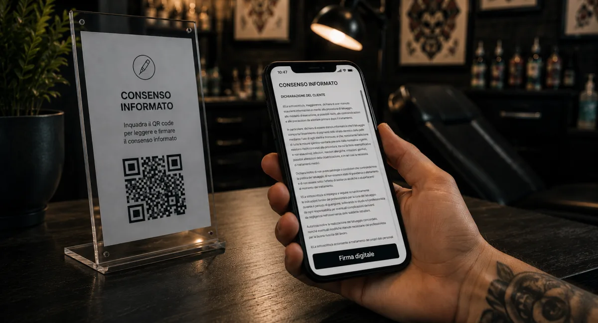 Stand con QR code e cliente che firma il consenso dal telefono in studio